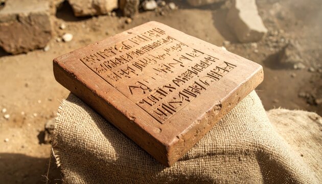 Thick ancient clay tablet inscribed with sharp cuneiform script showing individual stylus marks, resting on textured fabric
