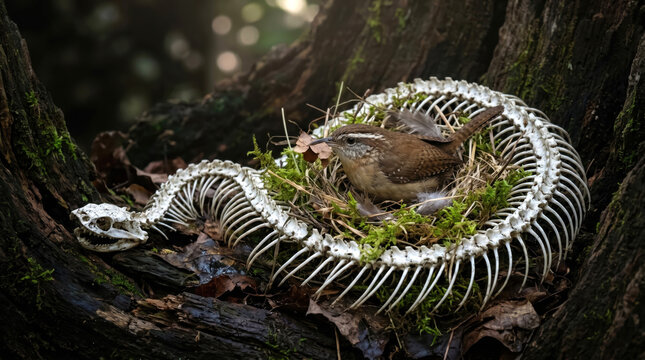 Small Bird Sitting in Nest Built Inside Snake Skeleton