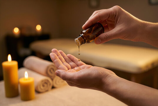 Hands pouring drops of aromatic essential oil into a palm in a relaxing spa setting with warm glowing candles