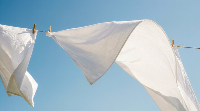 Clean white laundry drying on a clothesline outdoors against a clear blue sky