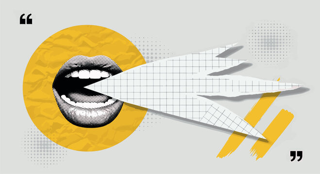 Modern Abstract Collage with Open Mouth and Speech Bubble Elements Over Yellow Circle and Textured Background for Creative Media Design vector illustration