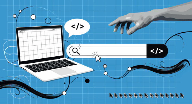 Modern web development and digital search optimization concept featuring a laptop and search bar with coding icons in flat vector illustration