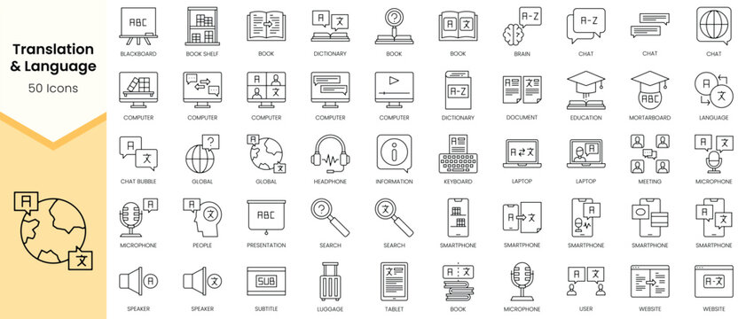 Simple Outline Set of Translation and Language icons. Linear style icons pack. Vector illustration