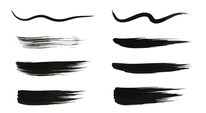 Black ink brush strokes collection, hand drawn paint smear set, artistic grunge texture vector elements for graphic design and calligraphy