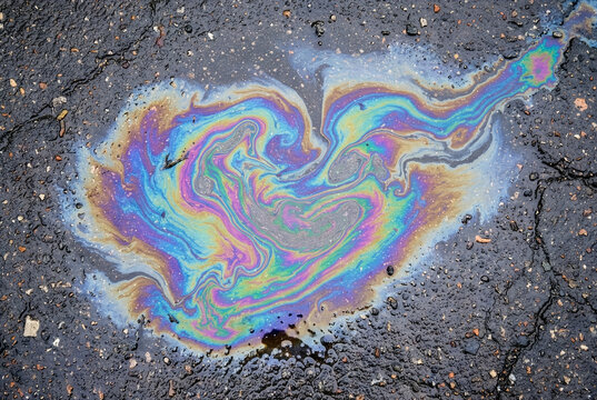 Colorful iridescent oil slick floating in a puddle on asphalt pavement
