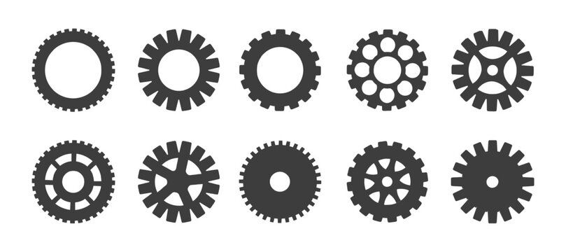 vector illustration. Icon set of black line art gears on white background.