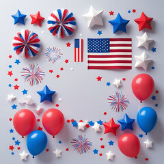 Obraz premium 4th of July American Flag Celebration Background with Red White Blue Balloons Stars and Fireworks Decorations