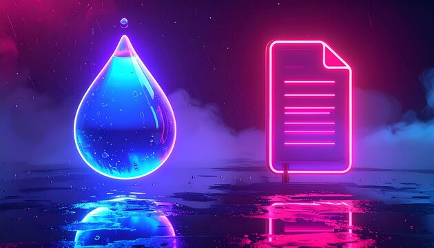 Glowing neon droplet next to a document icon reflected in water, amid purplish fog under a starry sky. 3D rendered