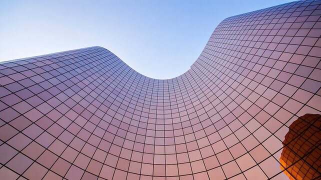 Curved modern glass building facade with reflective windows and futuristic architecture design 