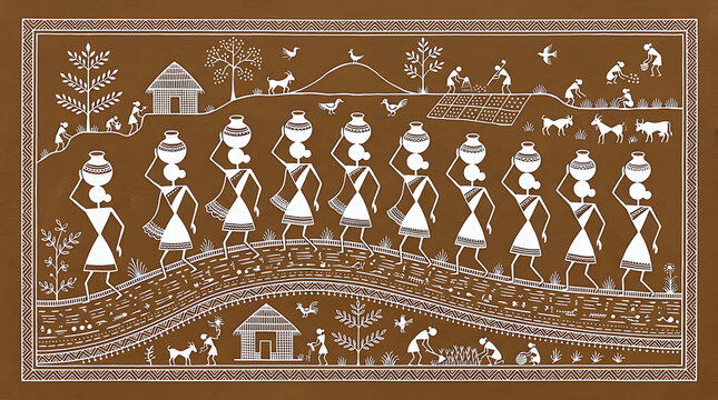Warli Tribal Art Women Carrying Water Pots in Rhythmic Procession, Minimalist folk illustration, Warli tribal painting, Warli storytelling art