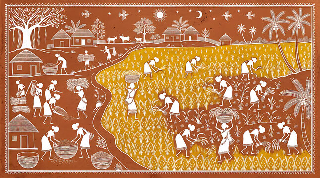 Warli Art Indian Village Women Harvesting Rice in Golden Field, Minimalist folk illustration, Warli tribal painting, Warli storytelling art