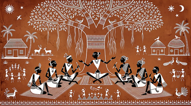 Minimalist Warli Illustration Traditional Storytelling and Cultural Heritage Assembly, Minimalist folk illustration, Warli tribal painting, Warli storytelling art