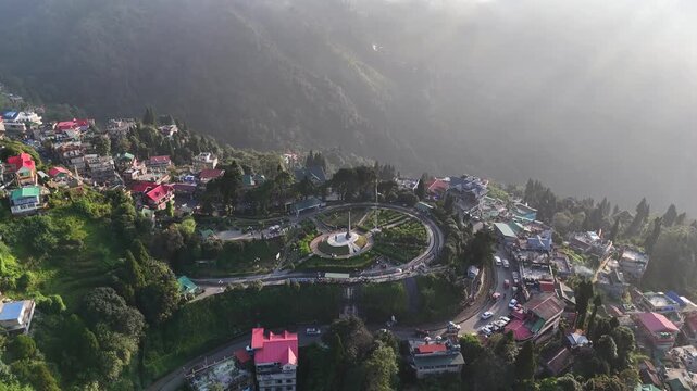 Aerial View of Darjeeling Hill Town with Batasia and Misty Himalayan Landscape
