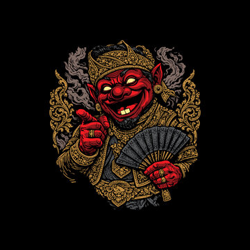Detailed bold line-art vector illustration featuring a Balinese-inspired red demon king character with ornate royal costume, fan, and decorative smoke elements on black background. Rich traditional cu