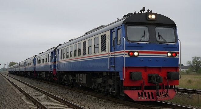 A blue and white train with red accents traveling on train tracks under a cloudy sky