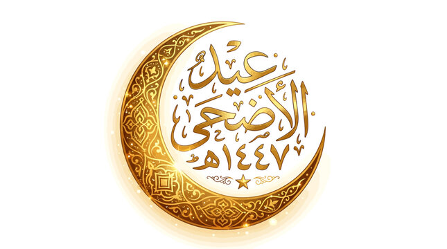 Golden Crescent Moon with Arabic Calligraphy  the Year 1447 AH Celebrating Eid al-Adha. Festive Design for Spiritual Observance and Greeting