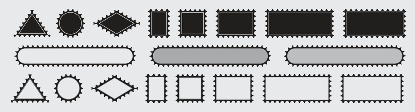 Set of Postage stamp border,  set, mockup postage stamps. Black postage stamp borders templates.