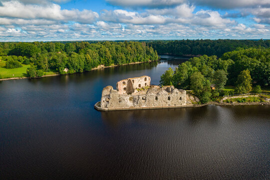 Aerial View of Koknese Castle Ruins on Island in Daugava River, Latvia