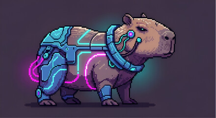 Obraz premium Pixel Art Cyberpunk Capybara with Futuristic Robotic Armor and Neon Lights