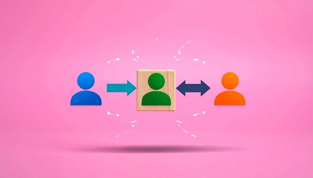 Business teamwork flow with wooden blocks, arrows showing communication, leadership, and organizational process, professional icons, pink background, concept of management and collaboration.