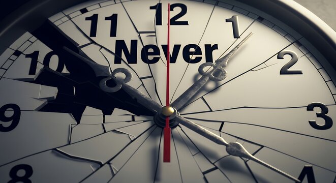 A fractured clock face with hands pointing to the word "Never," emphasizing the finality of a lost second chance