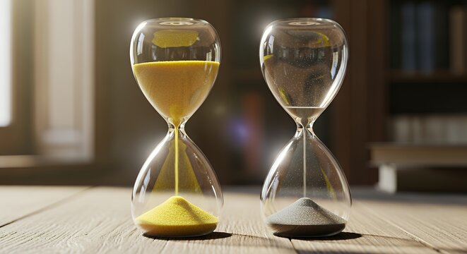 Two hourglasses side-by-side: one full and one empty, representing the stark contrast between youth and ageing