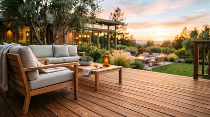 Obraz premium empty backyard deck with outdoor dining table, bright daylight, crisp shadows, focus on floor material, copy space on top
