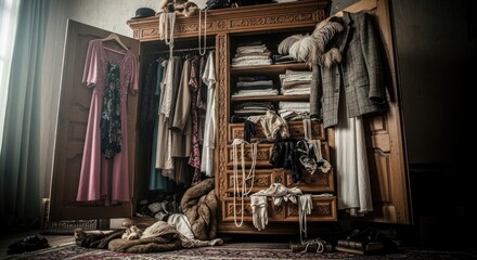 Naklejka premium Vintage Wooden Wardrobe with Clothes and Accessories.