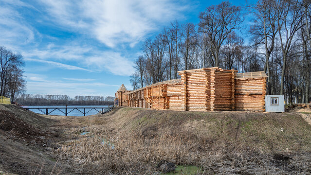 Reconstruction of the ancient log wall around the Uglich Kremlin. Uglich, Russia.