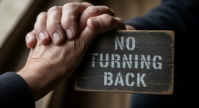 A close-up of wrinkled hands holding a "no turning back" sign, a stark symbol of the inevitability of time