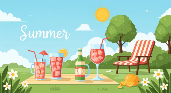 Vector illustration of a summer picnic scene with iced red drinks, a bottle, and orange slices on a mat, featuring a striped lounge chair, green trees, flowers, and a bright sun.