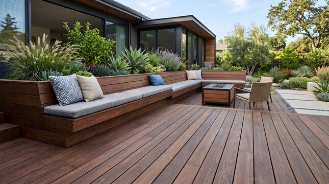 Completed luxury backyard deck with outdoor furniture and warm natural lighting, showcasing high-quality craftsmanship, promotional website photo.