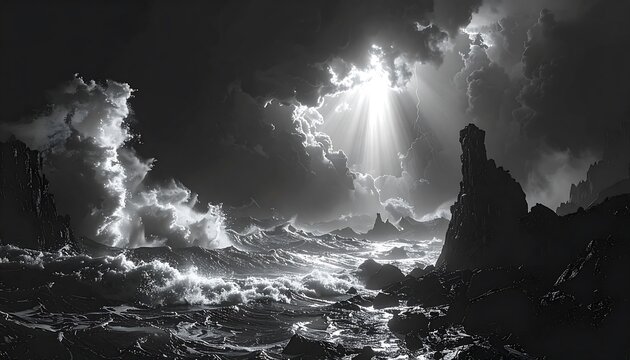 A grayscale landscape depicts a tempestuous sea under a dramatic sky, illuminated by beams of sunlight breaking through heavy clouds