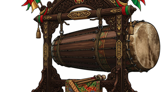 Ancient Gamelan Drum Artwork Rich Cultural Heritage Display Crafted with Intricate Engravings  Ornate Decorations Showing Symbolism  Ethnic Significance.
