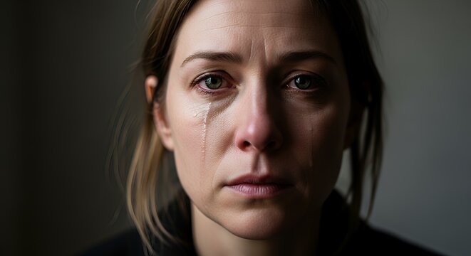A vulnerable portrait of a woman with tears in her eyes, lighting highlighting the hardship in her gaze