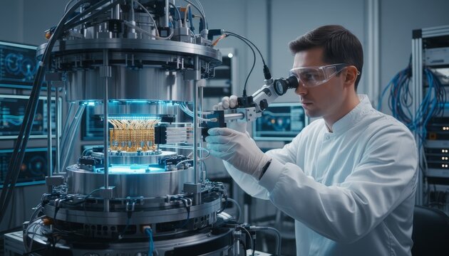 Scientist in lab coat using microscope on quantum computer hardware in laboratory