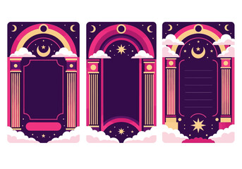 Mystical Celestial Tarot Card Templates with Pillars, Crescent Moon, and Stars Flat Vector Illustration © elfittria