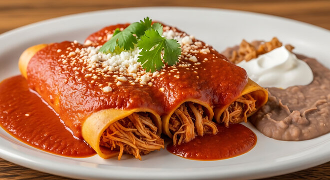 Enchiladas topped with fresh cilantro and crumbled cheese are served with a side of refried beans and sour cream.