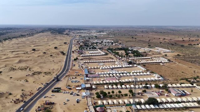 Aerial View of Sam Sand Dunes and Desert Resorts in Jaisalmer Rajasthan India