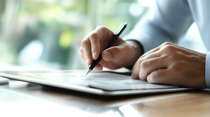 Fototapeta premium A business professional writes notes on a digital tablet, showcasing modern technology in the workplace.