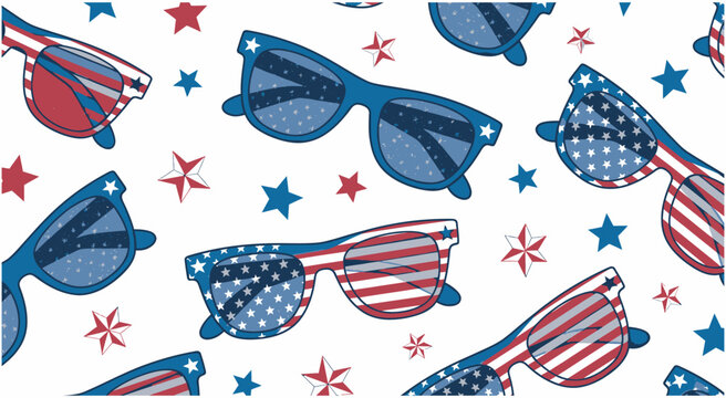 Independence Day Seamless pattern of patriotic sunglasses with American flag motifs and stars for Independence Day background and wrapping paper designs USA