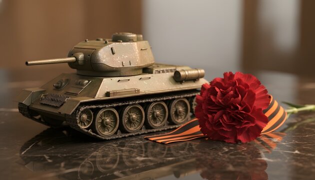 Military vehicles model tank t-34 with red carnation and st. george ribbon for victory day remembrance concept, solemn tribute to world war ii veterans