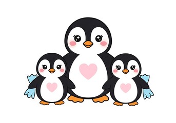 Fototapeta premium A heartwarming illustration of three adorable penguins sharing a moment of love and companionship.