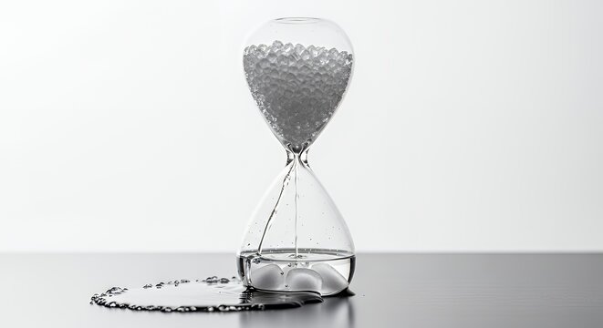 A minimalist hourglass made of ice, slowly melting to symbolize the passage of time