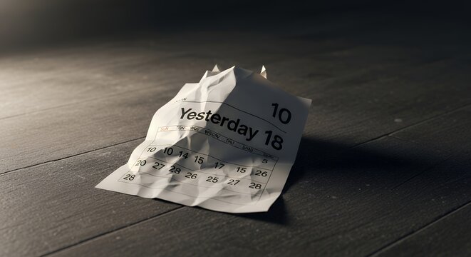 A crumpled calendar page for "Yesterday" on a dark floor, representing lost opportunities