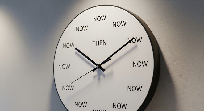 A clock face where every number is the word "NOW," except for one that says "THEN"