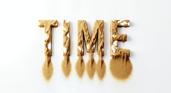 The word "TIME" disintegrating into sand grains on a white surface