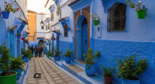 Chefchaouen Morocco - Captivating Blue City Street Scene.