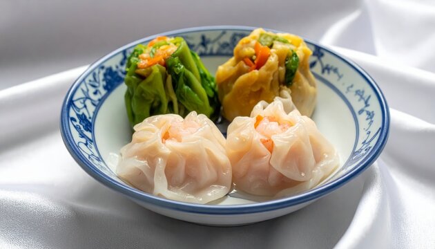 Four delicate steamed shrimp dumplings and vegetable buns arranged in a traditional blue and white bowl