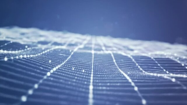 Intricate abstract digital network of shimmering white lines and glowing data points, undulating on a blue-purple gradient, with a crane video, concept of profound connectivity and endless data flow.